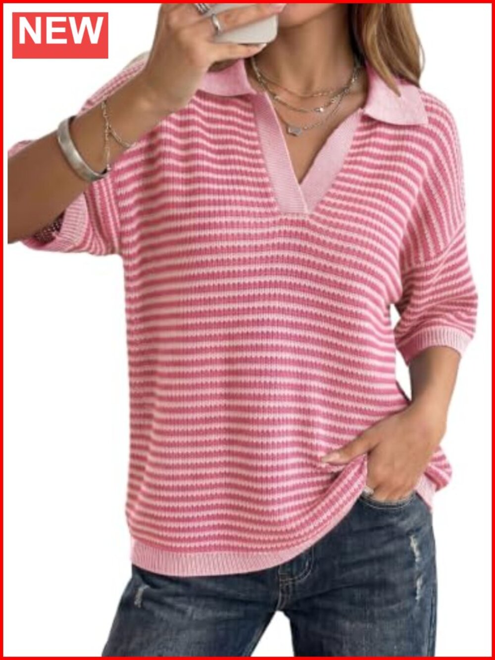 Women's Striped Knit Sweater Half Sleeve V Neck Collared Pullover Top
